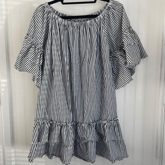 ZARA Woman Premium Denim Collection off-the-shoulder flounced dress raw‎ hem M - Picture 2 of 11